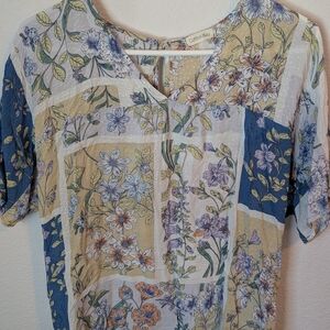 Boxy Cream and Blue Short Sleeve Blouse